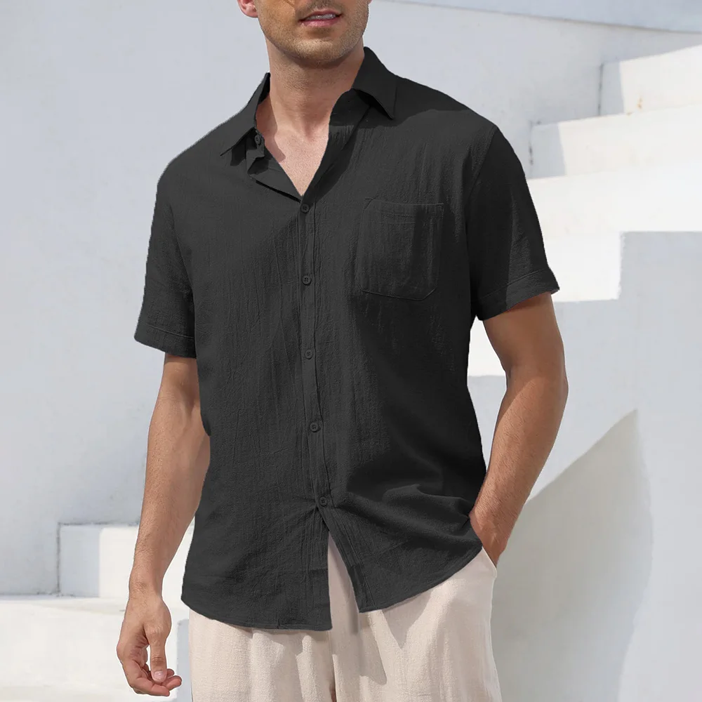 

Men's Short Sleeve Shirt Summer Breathable Lightweight Casual Slim Fit Solid Color Vacation Style Button Tops Male Shirts
