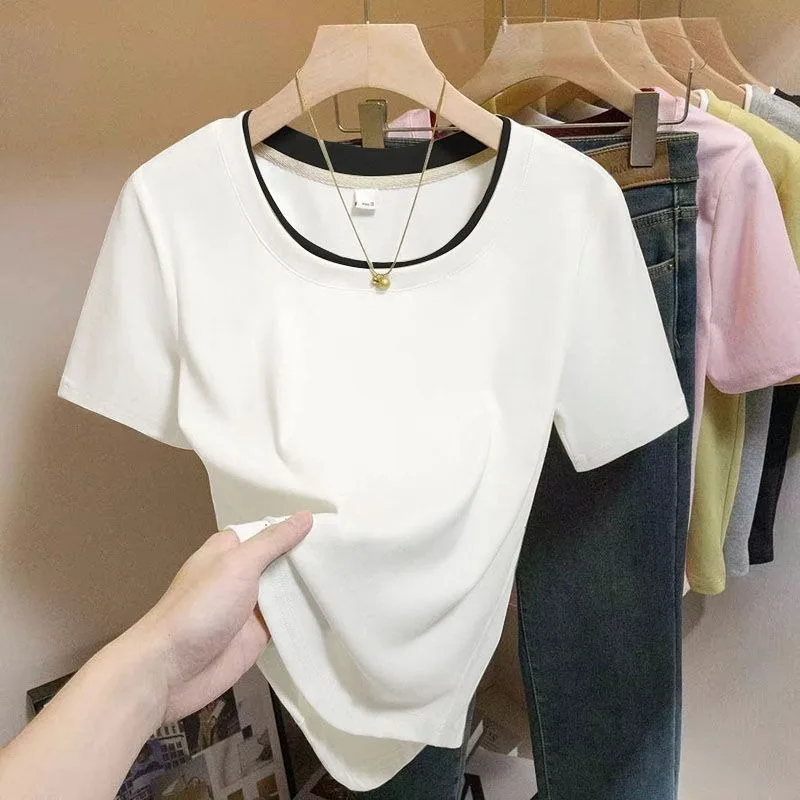 Women's Color Block Trim Crew Neck T-shirts Short Sleeve Casual Tees