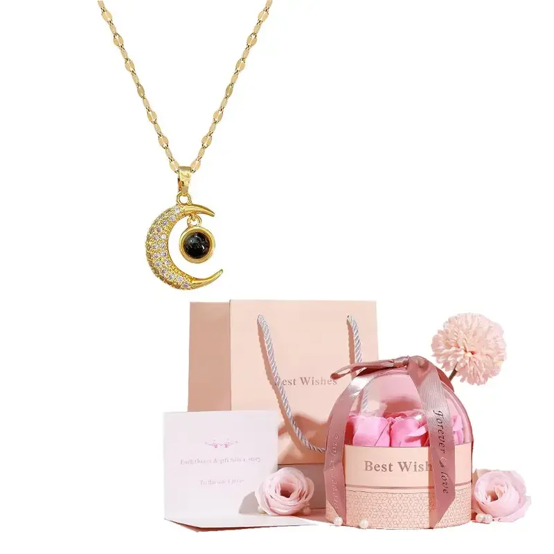

Custom Color Photo Projection Necklace Moon Pendant With Rose Gift Box For Women Mother's Valentine's Day Romantic Jewelry Gifts