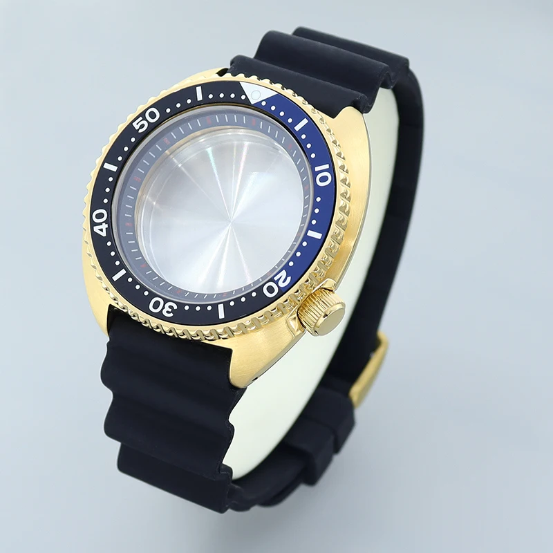 Golden 45mm Abalone Watche Case Rubber Bracelet Sapphire For Tuna Turtle Seiko NH35 NH36 Movement 28.5mm Dial blue chapter Ring