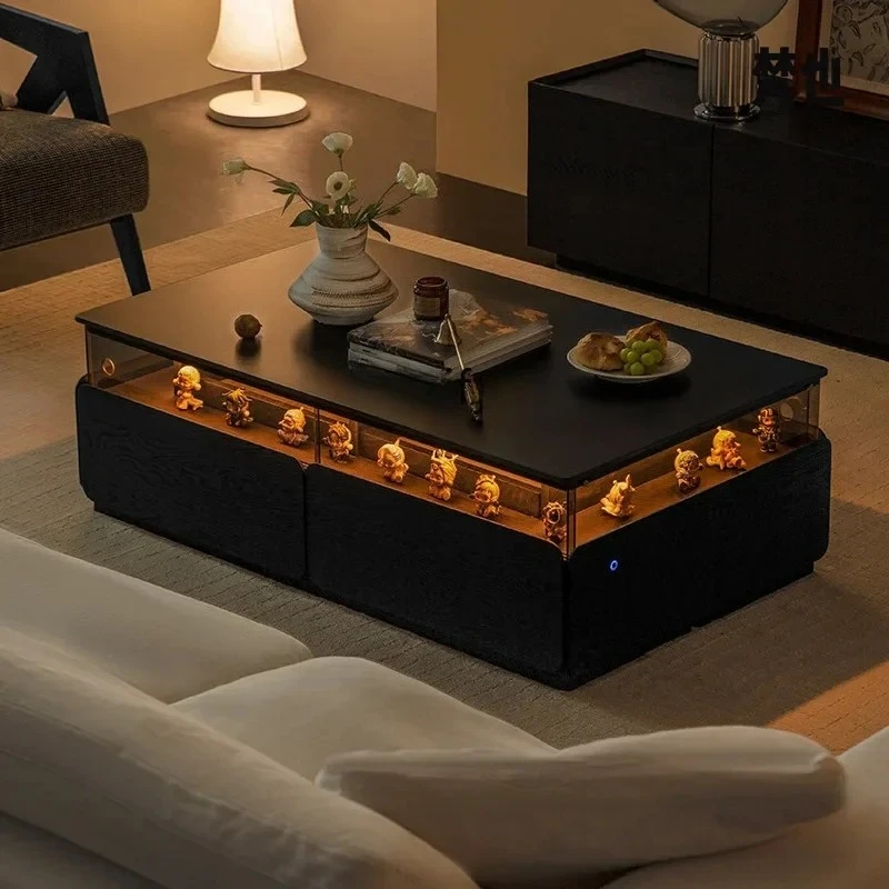 

Black rock slab coffee table living room household Italian minimalist solid wood tea table with lamp light luxury