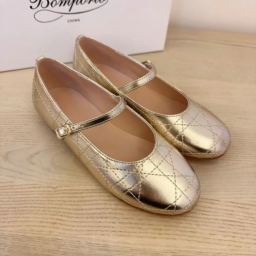 Children Gold Shoes for Girls Sheep Leather Flat Shoes Kids Luxury Shoes