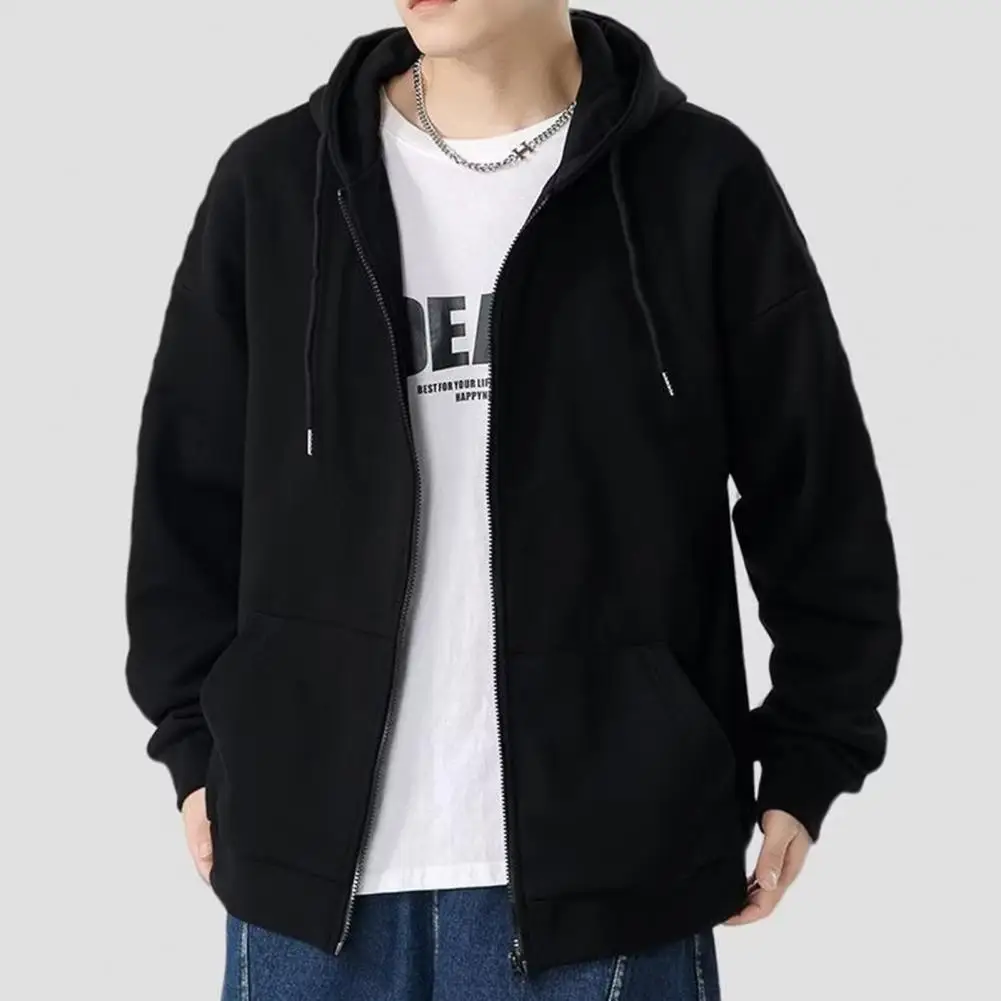 Zipper Jacket Men\'s Fall Winter Hoodie Zip-up Cardigan with Drawstring Pockets Hood Plus Size Casual Coat for Daily Wear Casual