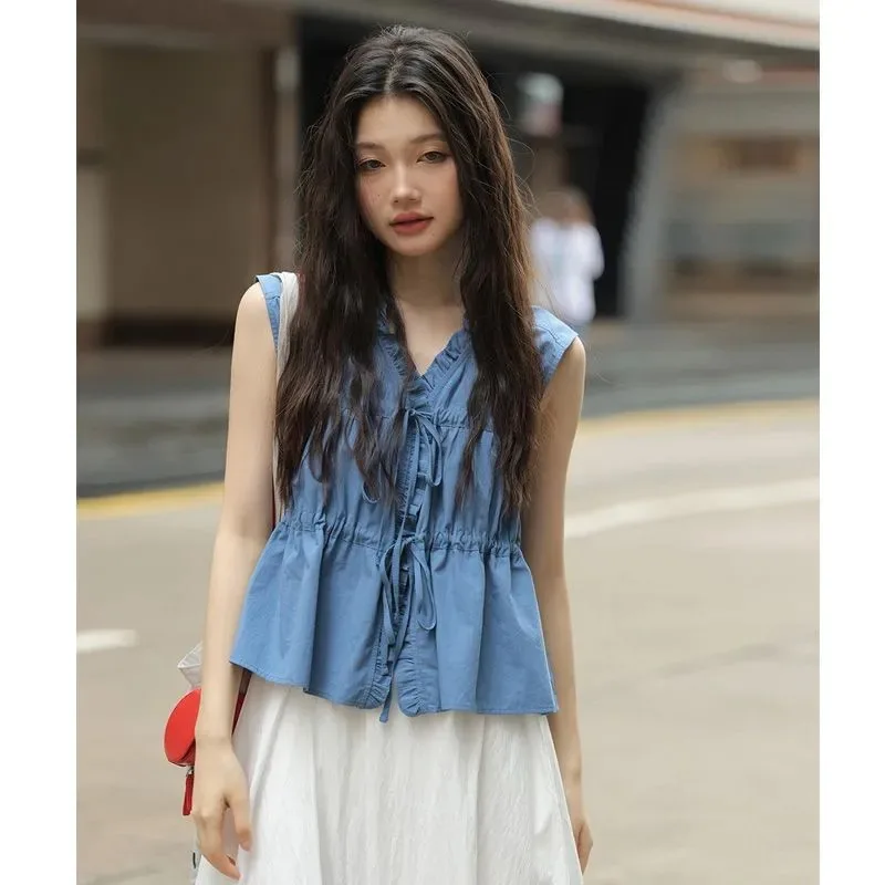 

Designed Blue Short-sleeved Sleeveless Shirt for Women New Style Waist Lace-up Temperament Fungus Hem Short Top