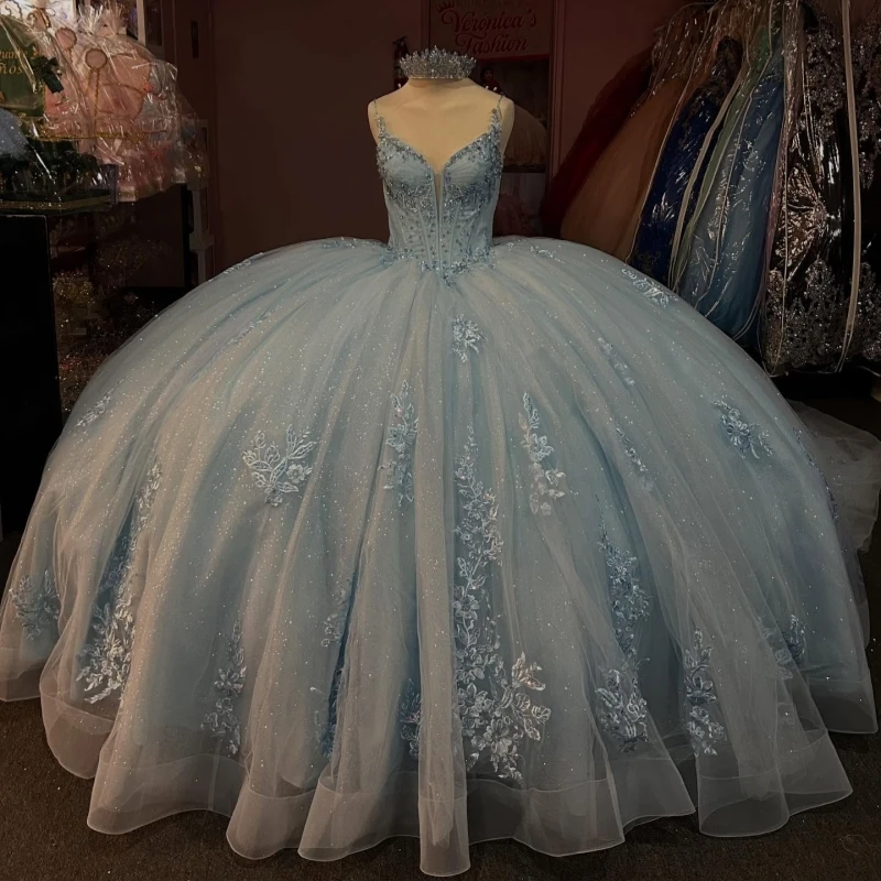 

Sky Blue Shiny Quinceanera Dresses Off Shoulder Ball Gown Sweet 16 Dress Applique Lace Tull Beads Birthday Party Vestidos 15 De