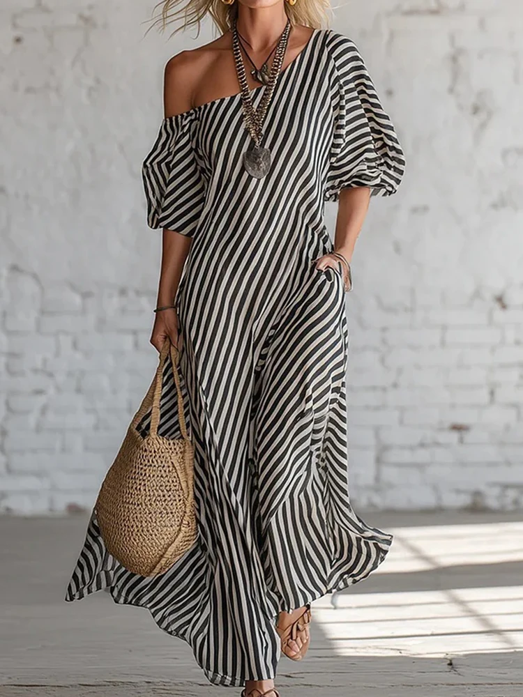 Damen Sommerkleid mit Schrägkragen, Locker Geschnittenes Partykleid, Urlaubskleid mit Streifen und Patchwork, Einfaches Maxikleid, 2026 Halblange Laternenärmel Damenkleid
