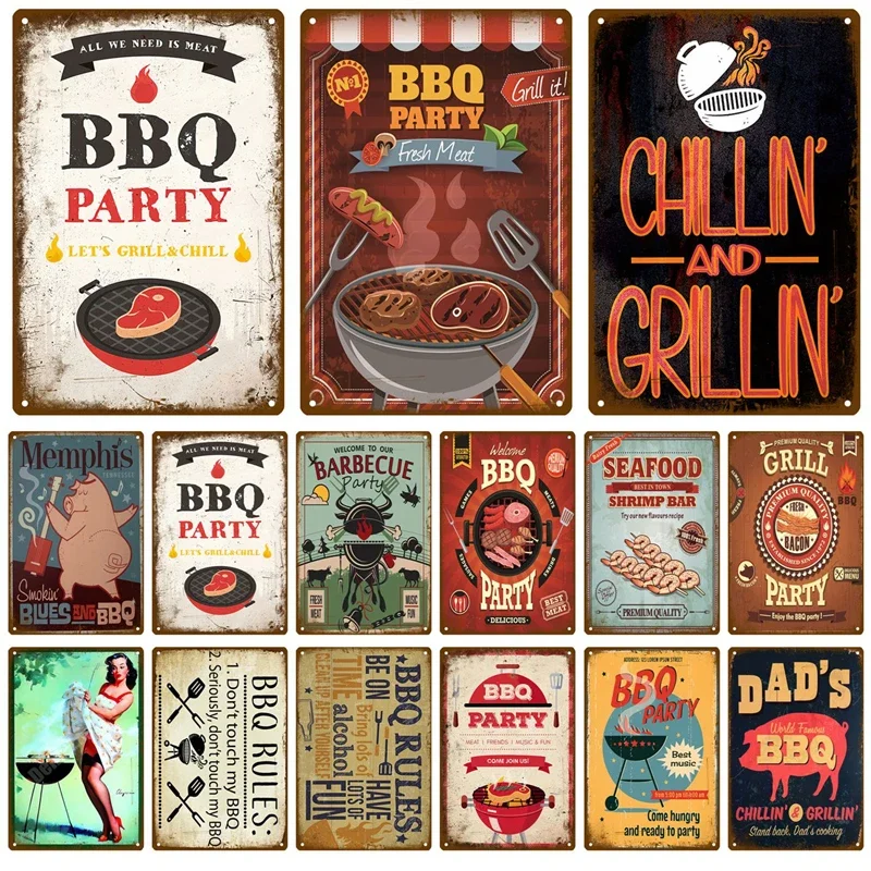 1. Retro Barbecue Grill Metal Tin Sign Vintage BBQ Party Plaque for Patio Backyard Bar Kitchen Wall Hanging Decoration 2.