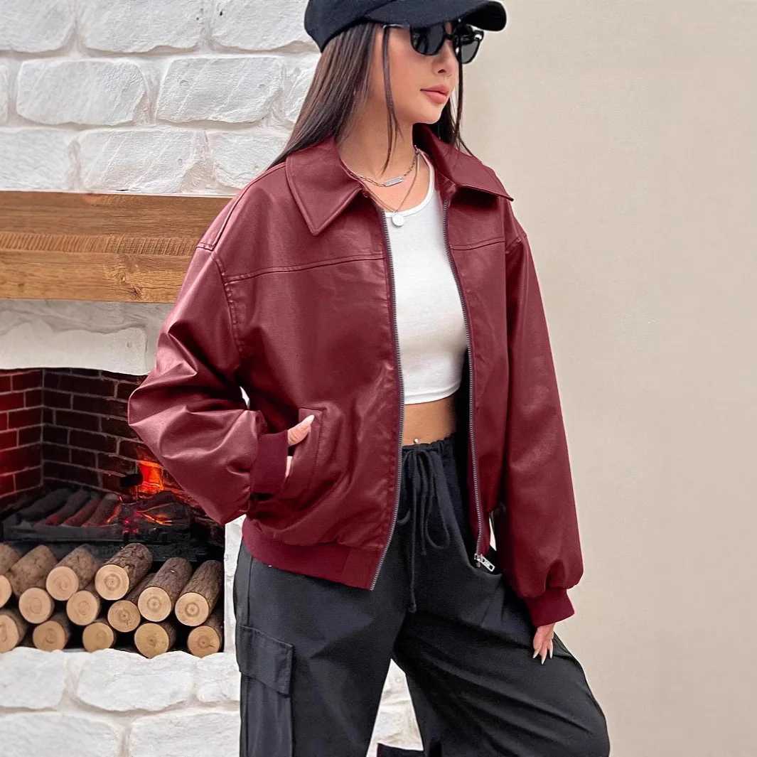 Retro American Glossy PU Leather Long Sleeve Zipper Collar Jacket Women's Autumn New Design Patchwork Outerwear Casual Style