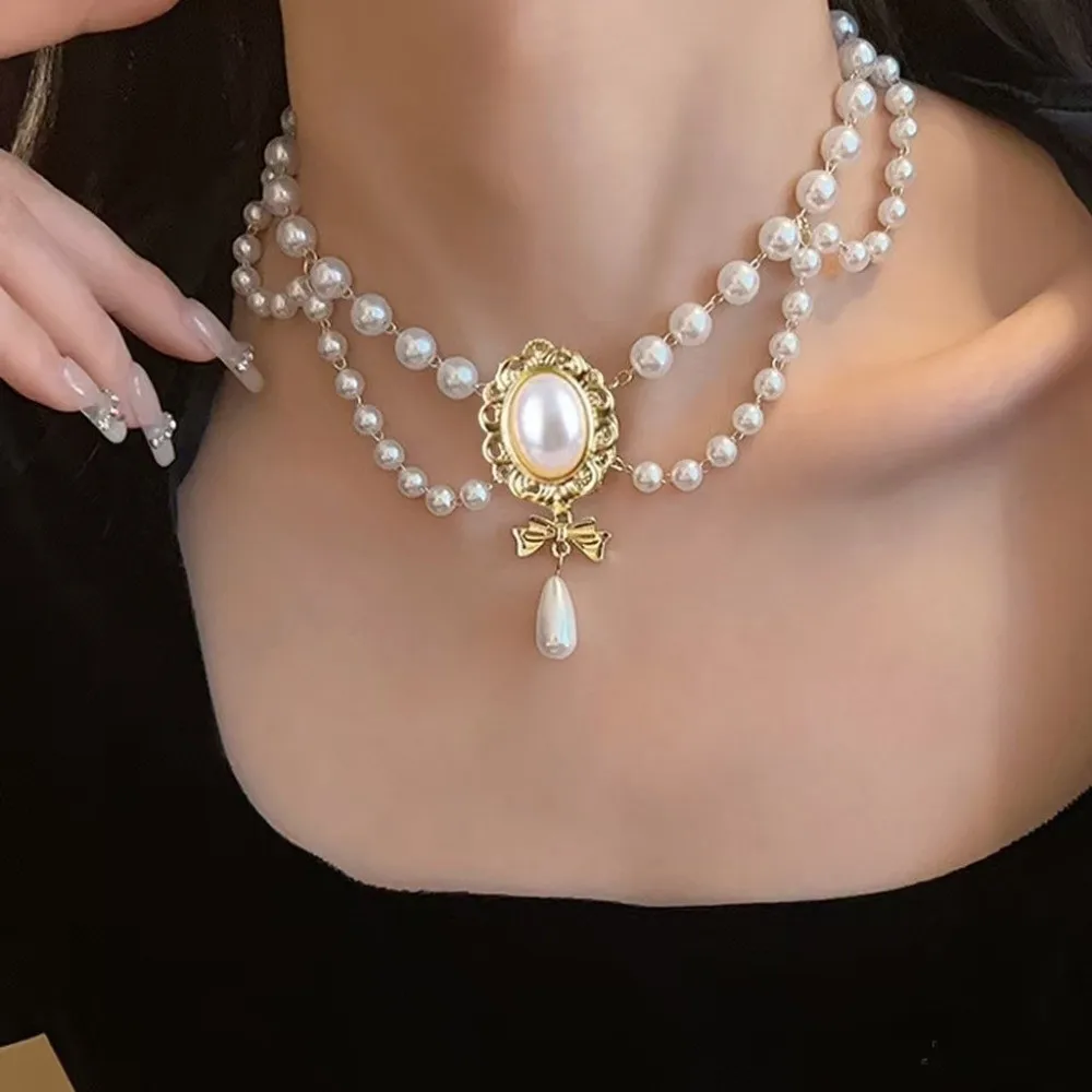 New Double Layer Baroque Pearl Choker Bowknot Pendant Beaded Imitation Pearl Palace Style Bridal Jewelry Accessories Jewelry