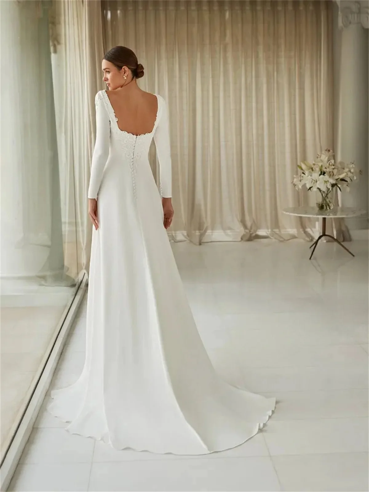 Customized Elegant Square Collar Brush Train Wedding Dress with Full Sleeve Length Appliques Vestido De Casamento Personalized