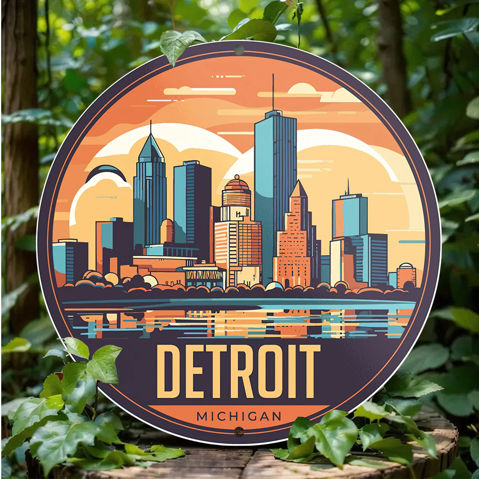 Round Detroit Michigan City Waterfront Skyline Round Metal Sign 8x8Inch 2D Flat Global Travel Man Cave Wall Decor Gift