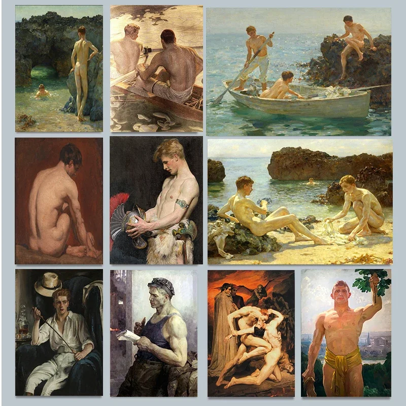 خمر مثلي الجنس رجل شاطئ الجانب عارية الجسم المشارك طباعة صور فنية للجدران قماش اللوحة غرفة المعيشة غرفة نوم ديكور المنزل هدية #1