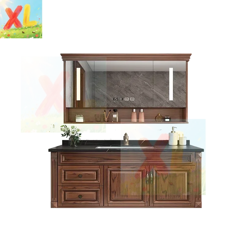 

Modern new American rock slab ceramic basin bathroom hanging cabinet red oak solid wood washstand basin cabinet smart mirror bat