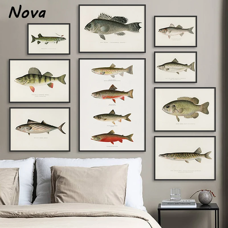 Vintage Poster and Print Fishing Wall Painting Breed of Fish Picture Freshwater Fish Mural Canvas Art Home Decor for Living Room