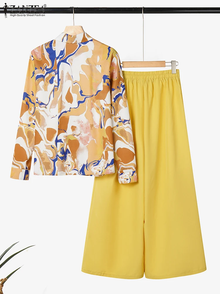 ZANZEA エレガント オフィスレディ パンツセット 2025 秋 長袖 プリントシャツ ワイドレッグパンツ ファッション ツーピース outfits カジュアル 2PCS