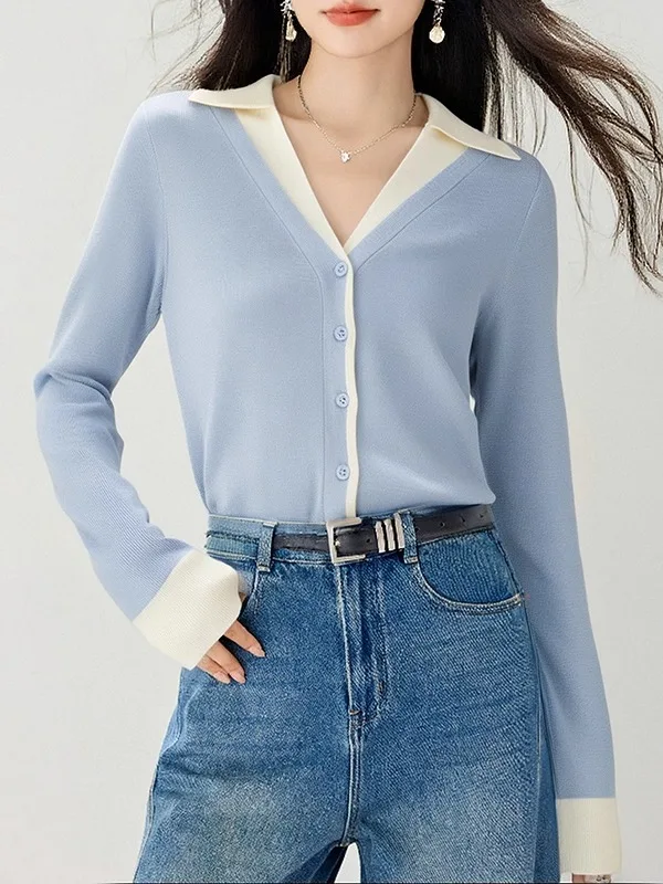 

Loose Knitted Open Cardigan Outerwear Women's Spring Autumn Winter New Sle Fake Two-Piece Long Sve V-Ne Button-Up Sweater