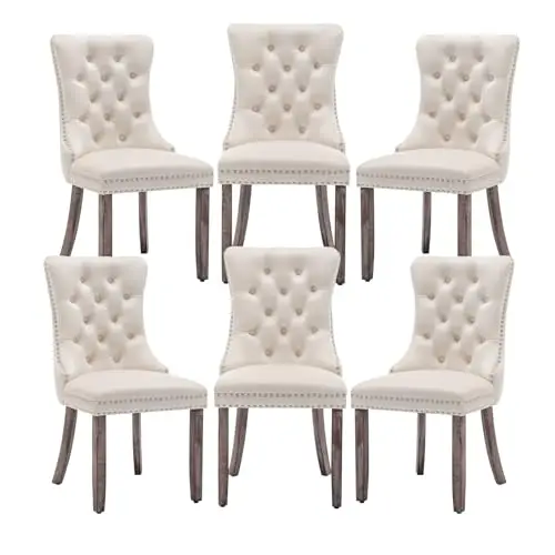 Velvet Dining Chairs Set of 6,Upholstered Dining Chairs with Ring Pull Trim and Button Back,Modern Seating for Kitchen