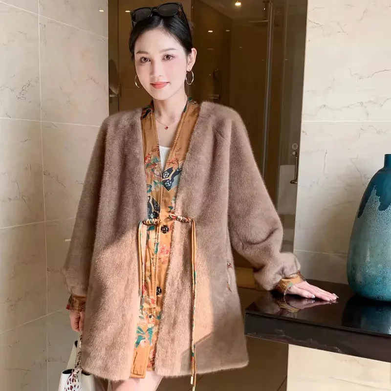 2024 Autumn And Winter Female Imitation Rabbit Sable Fur Integrated Coat Women New Chinese Style Medium To Long Fleece Fur Coat