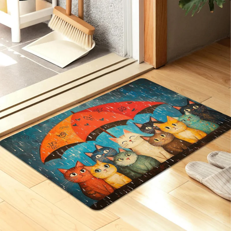 VIKAMA Cartoon Cats Doormat Rainy Day Kittens Under Umbrella Non Slip Absorbent Floor Mat Pet Lover Front Door Home Decor Mat