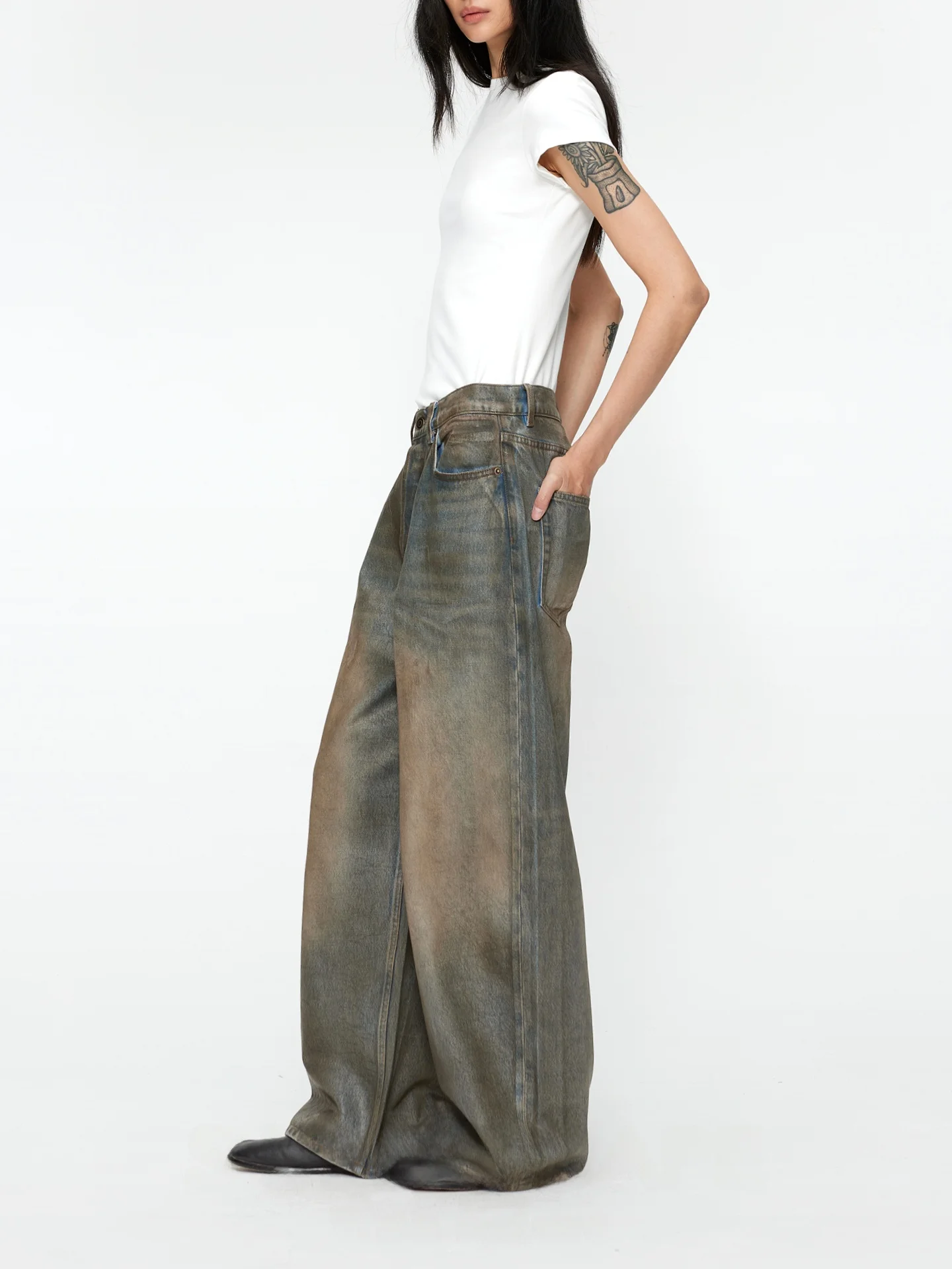 

Широкие прямые джинсы ручной работы, винтажные повседневные брюки из выцветшего хлопка для женщин, неэластичные джинсы с талией