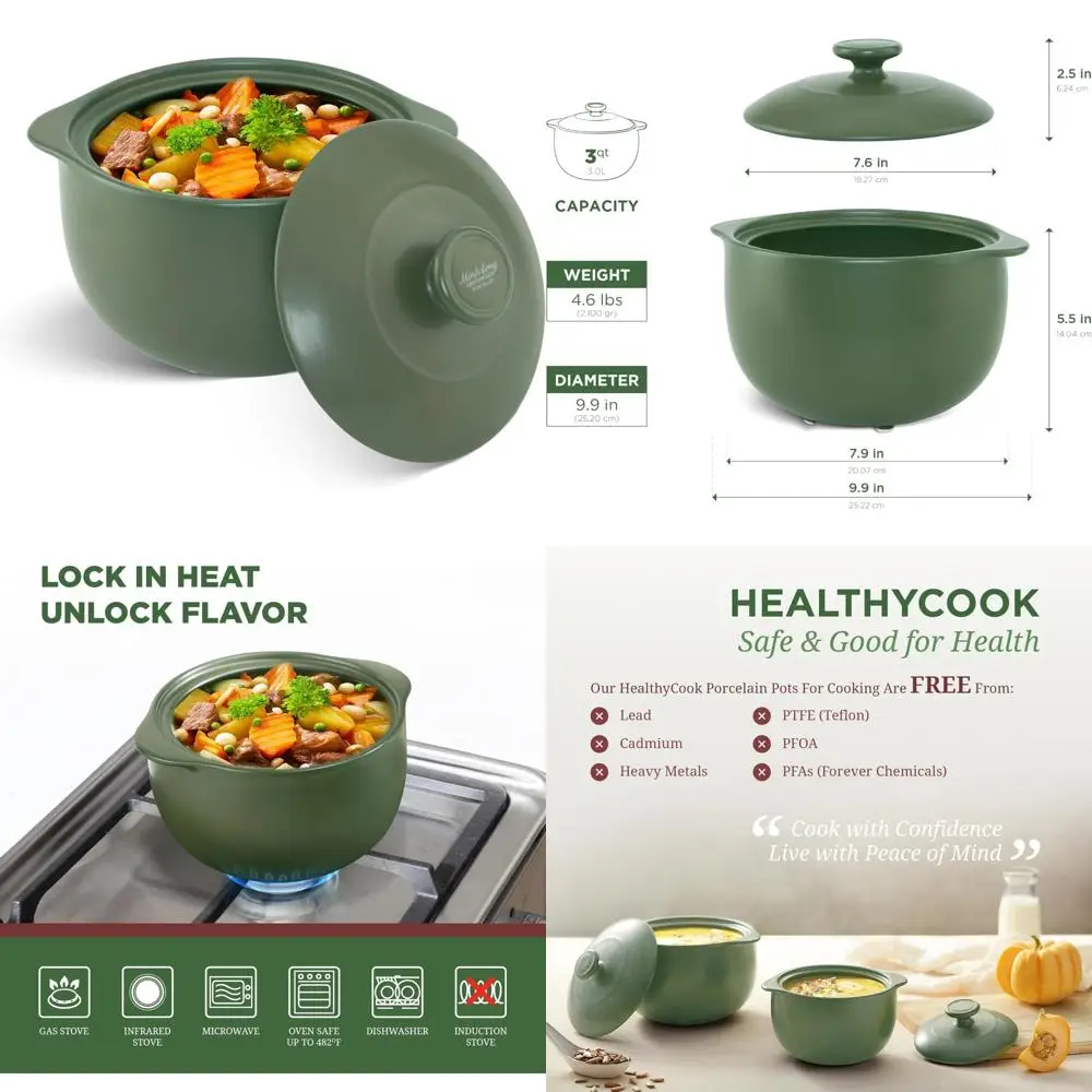 

Porcelain Dutch Oven 3-Quart, Lead and Cadmium Free, Oven Safe Up to 482°F, High Heat Retention, Cooking Clay Pot for Stovetop U