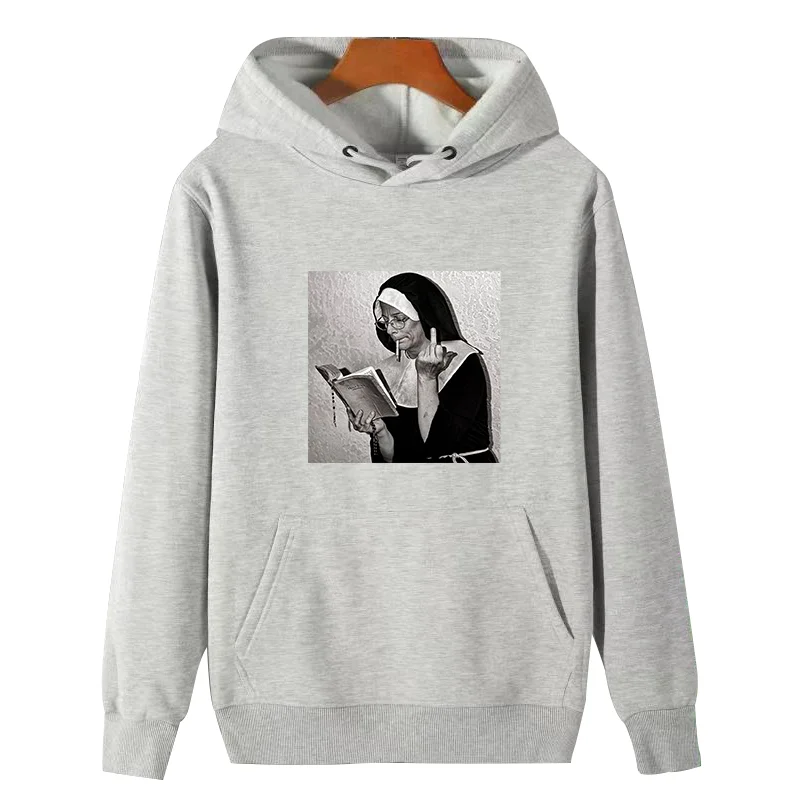 Nun Middle Finger Attitude Funny Graphic Hooded Sweatshirts Winter Thick Sweater Hoodie Essentials Fleece Hoodie Man Sweatshirts