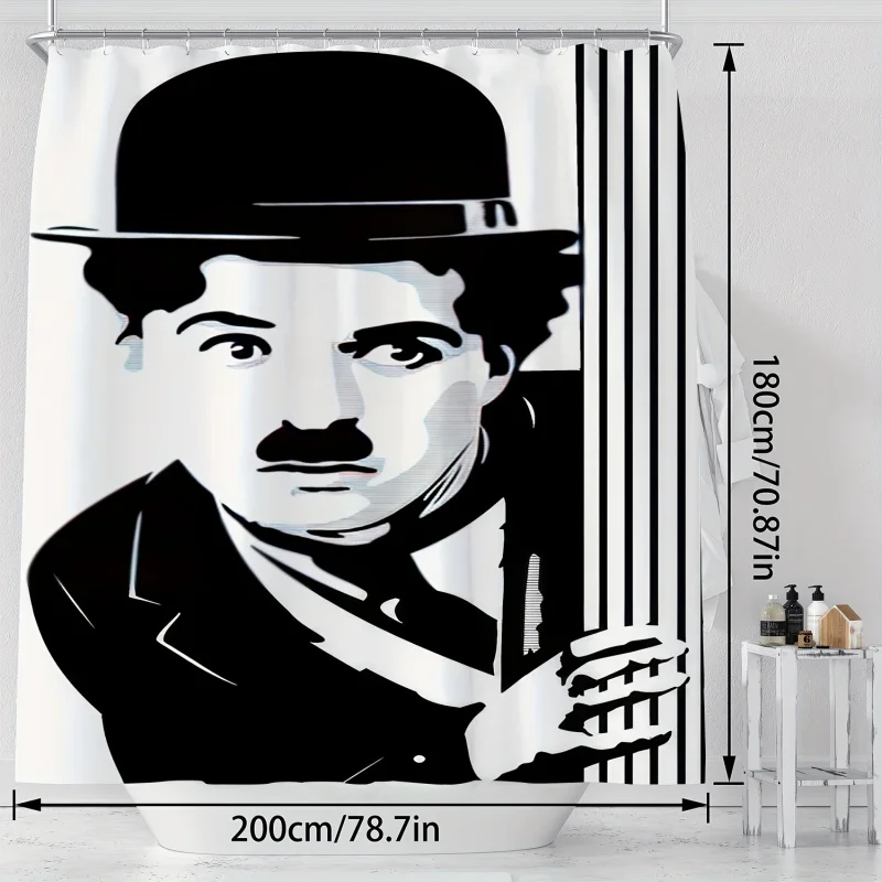 Charlie Chaplin Tribute Shower Curtain - Waterproof, Machine Washable With Hooks Included, Artistic Black & White Line Design Fo