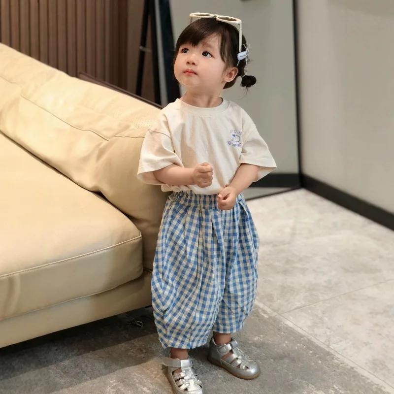 

Girls Set 2026 Summer New Little Girl Versatile Daily Casual Short Sleeve T Shirt Kids Plaid Wide Leg Pants