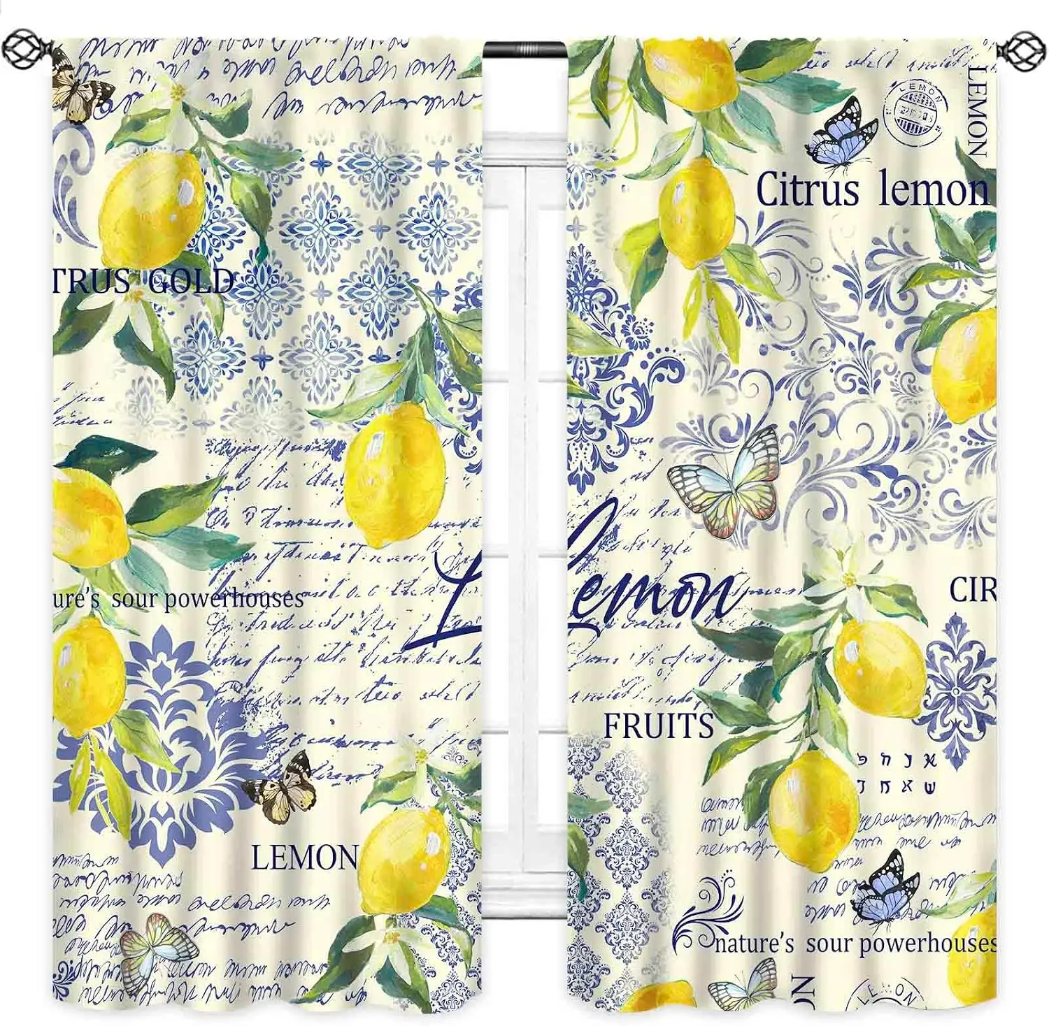 Vintage Script Lemon Butterfly Curtain 2 Panels Blue Floral Tile Handwriting Cream Background Master Bedroom Fresh Country Home