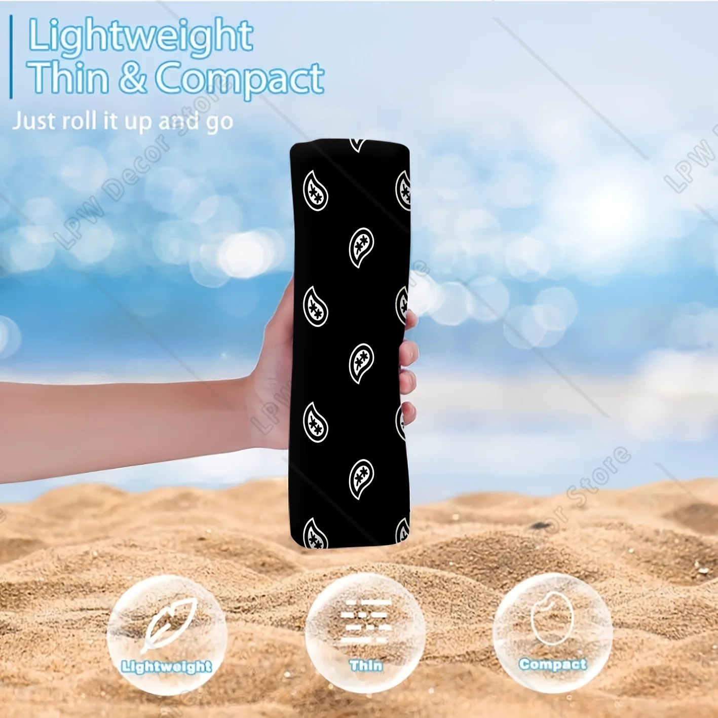 Black Background White Paisley Pattern Beach Towel