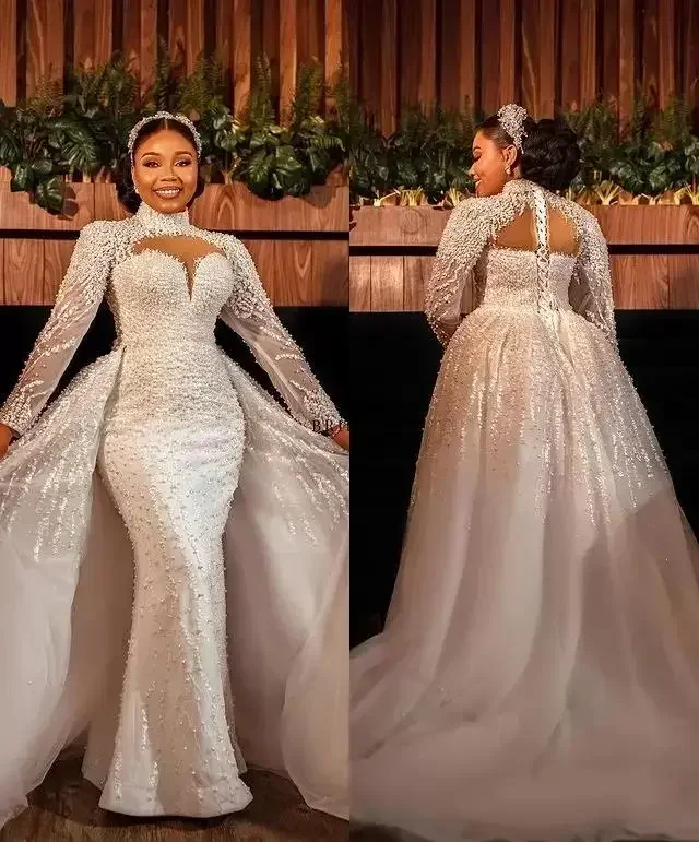 

Customized Gorgeous Pearls Mermaid Wedding Dresses With Detachable Train High Neck Long Sleeve Beaded Bridal Gowns Vestido De No