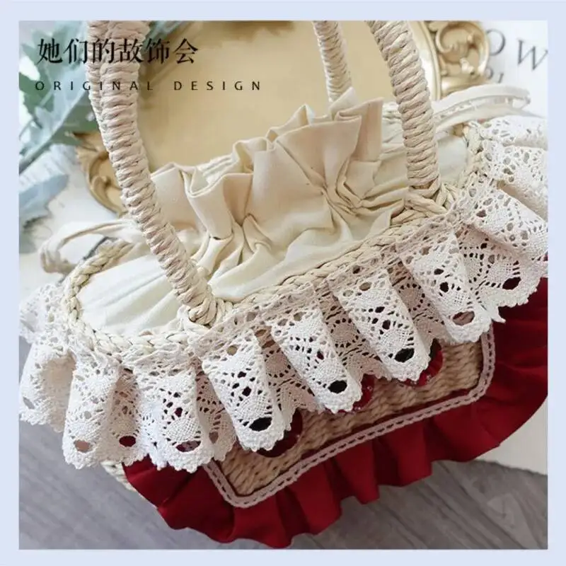 Lolita Strawberry Red Cute Woven Women 2025 Haruku Sweet Lace Chic Hand Female Vintage Straw Bag Handbag Сумка Женская