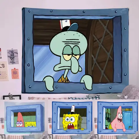 SpongeBob Wall Hanging Tapestry Anime Squidward Tentacles Background Cloth Decoration Home Dormitory Bedroom Funny Hanging Cloth
