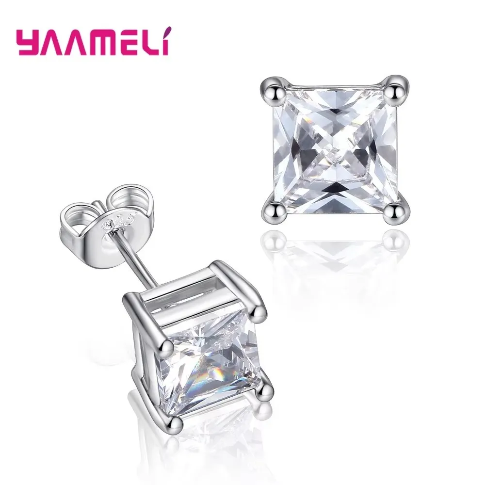 Classic 925 Sterling Silver 4 Claws Crystal Cubic Zircon Stud Earrings for Women Girls Anniversary Fashion Party Jewelry Gifts