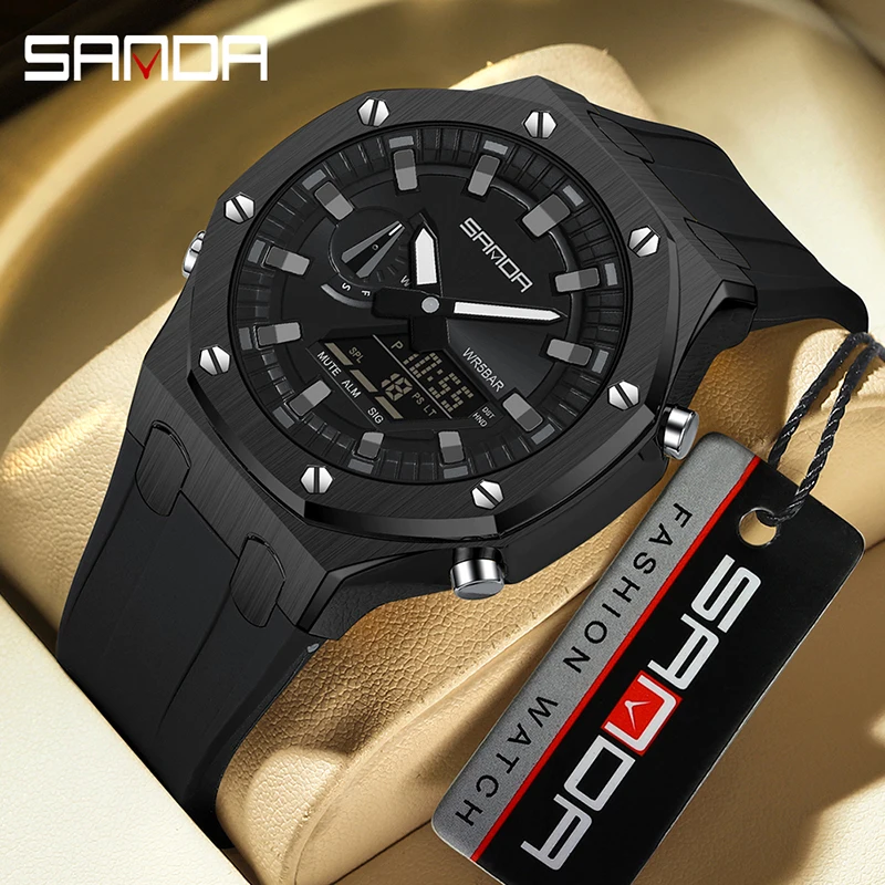 SANDA Top Sport Men Quartz Digital Watch Creative Diving Watches Men Waterproof Alarm Watch Dual Display Clock Relogio Masculino