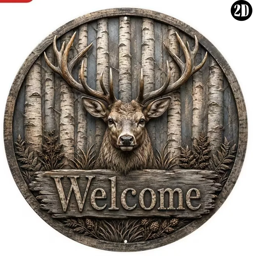 Round Aluminum Welcome Deer Metal Sign Vintage Embossed Wall Plaque Farmhouse Front Door Garage Home Outdoor Decor Gift