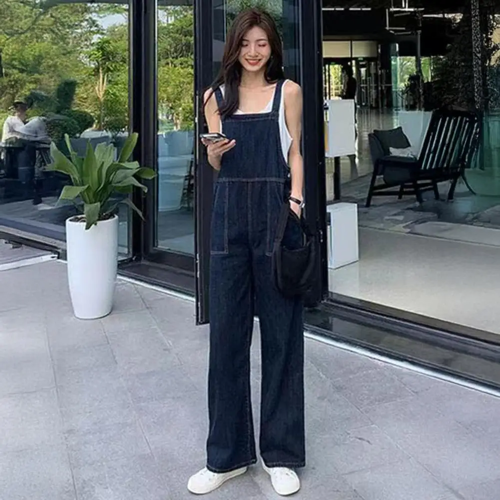 جمبسوت فضفاض واسع الساق جمبسوت نسائي أنيق من قماش الدنيم برقبة مربعة مع بنطال ذو قصة أرجل واسعة لملابس الصيف والشاطئ