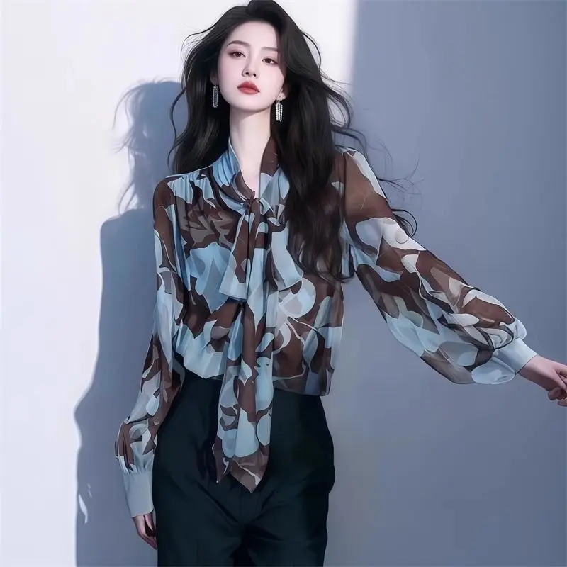 

Vintage Print Long Sleeve Shirt Tops Spring New Bow Lacing Loose Youth Temperament Blouse Fashion Elegant Office Women Clothing