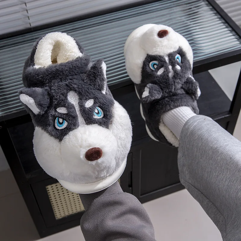 Husky Dog Fluffy Sippers Men Winter Home Shoes Size 51 Heel Wrapped Animal Slides Slipper Man Funny Furry Loafer Plush Booties