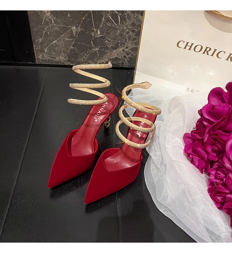 European and American sexy snake shaped spiral rhinestone women's shoes suede pointed high heels white satin wedding shoes