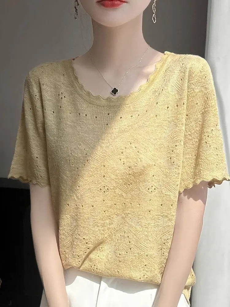 Top de punto con orejas de madera de encaje blanco dulce, camiseta fina ahuecada suave, Top informal de primavera para mujer