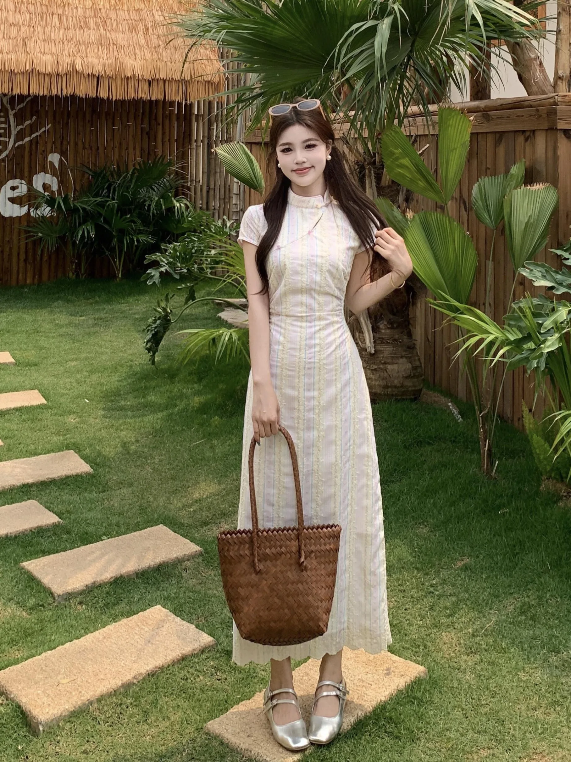 

plus Size Floral Print Qipao Dress New Chinese Style Waist Cinching Slimming Design Summer Long Skirt A-Line Silhouette Commu...