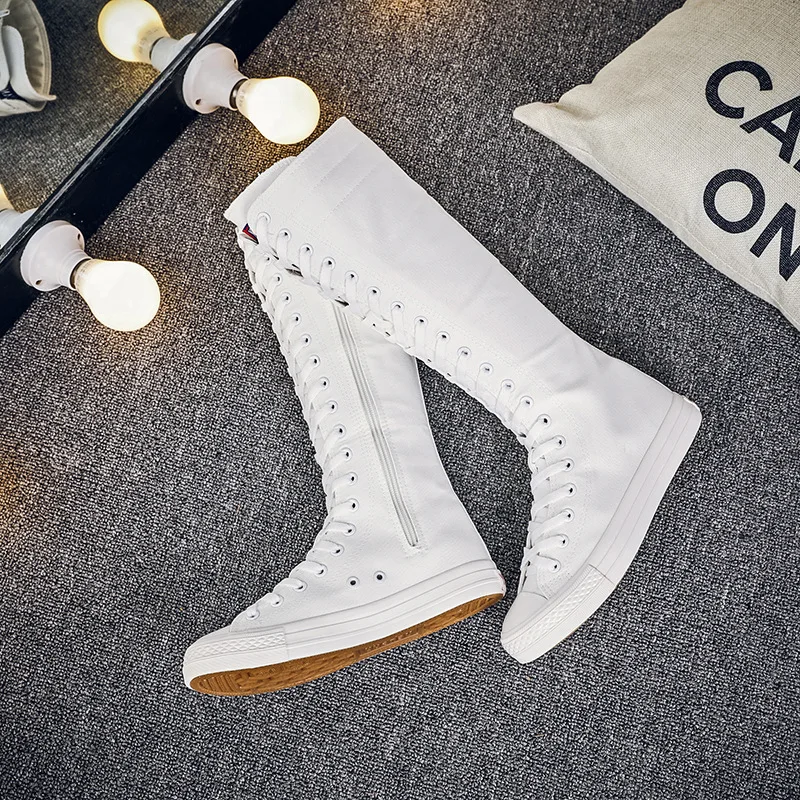 2024 New Spring autumn Women Shoes Canvas Casual High Top Shoes Long Boots Lace-Up Zipper Comfortable Flat boots sneakers