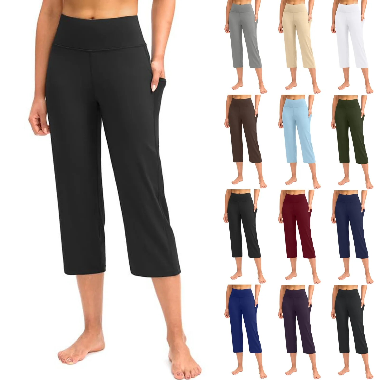 Women  Elastic High Waist 3/4 Pant Casual Active  Fit Wide Capris Leg Pants Trousers With Pockets Pants Woman брюки женские