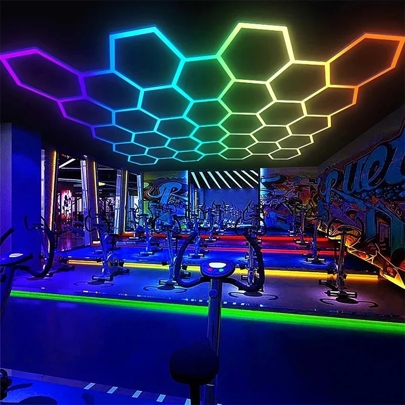 Hexagon Garage Lights RGB LED Ceiling Lamp With Music Sync Built In Mic 16 Million Colors For Gaming Room Workshop Decor