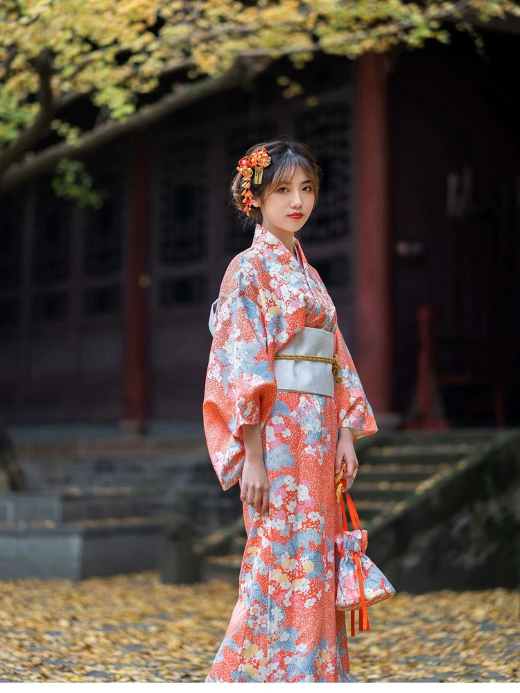 Japanese Style Retro Pink Orange Blossom Bathrobe Kimono Traditional Nostalgic Adult Gift for Women