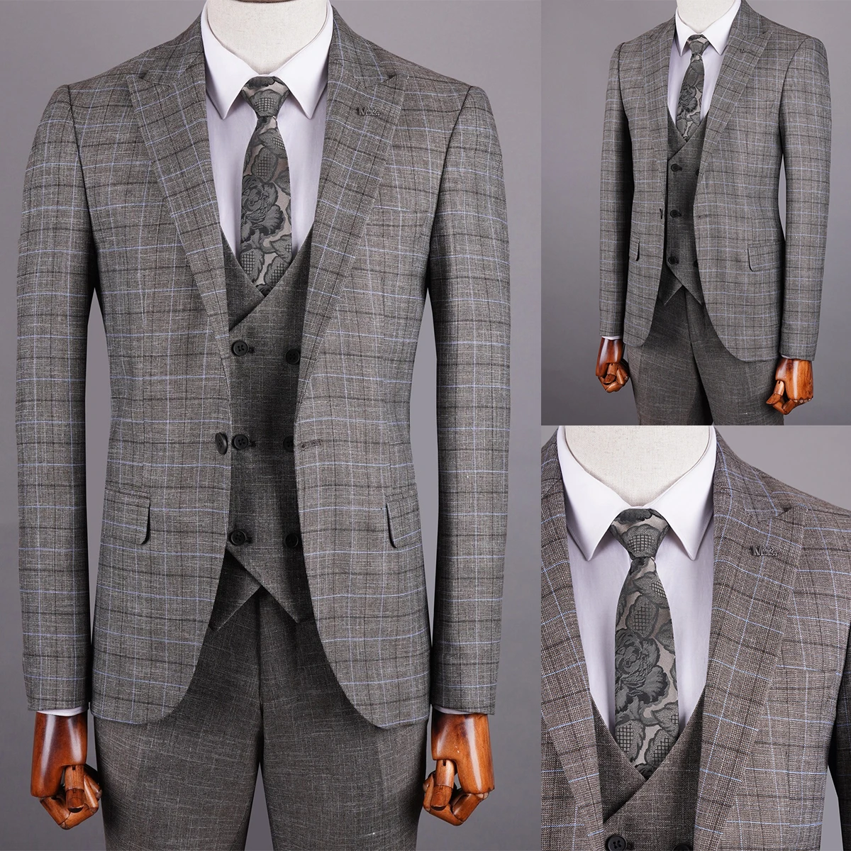 Light Gray Men's Suit 3 Pieces Blazer Pants One Button Peaked Lapel Plaid Wedding Slim Fit Groom Formal Tailored Costume Homme