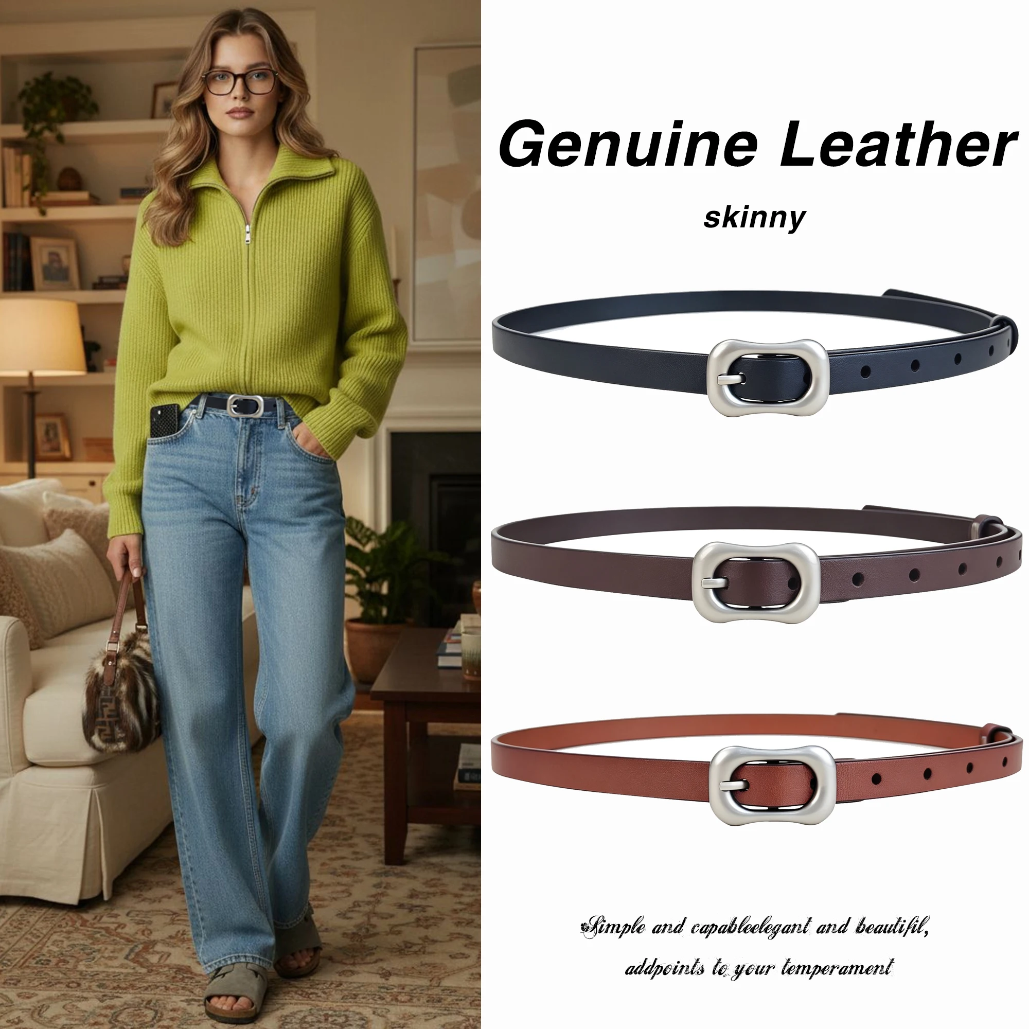 Simple Women Skinny Genuine Leather Belt Square Silver Pin Buckle Ladies Fashion Decorative Belt For Jeans Dresses Daily Outfit