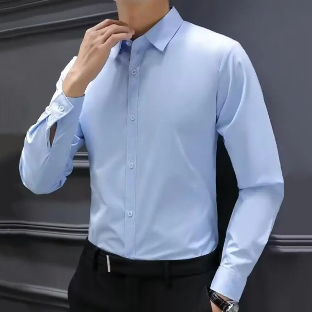 2026 Men Formal Shirt Business Style Turn-down Collar Long Sleeves Single-breasted Solid Color Office Meeting Shirt