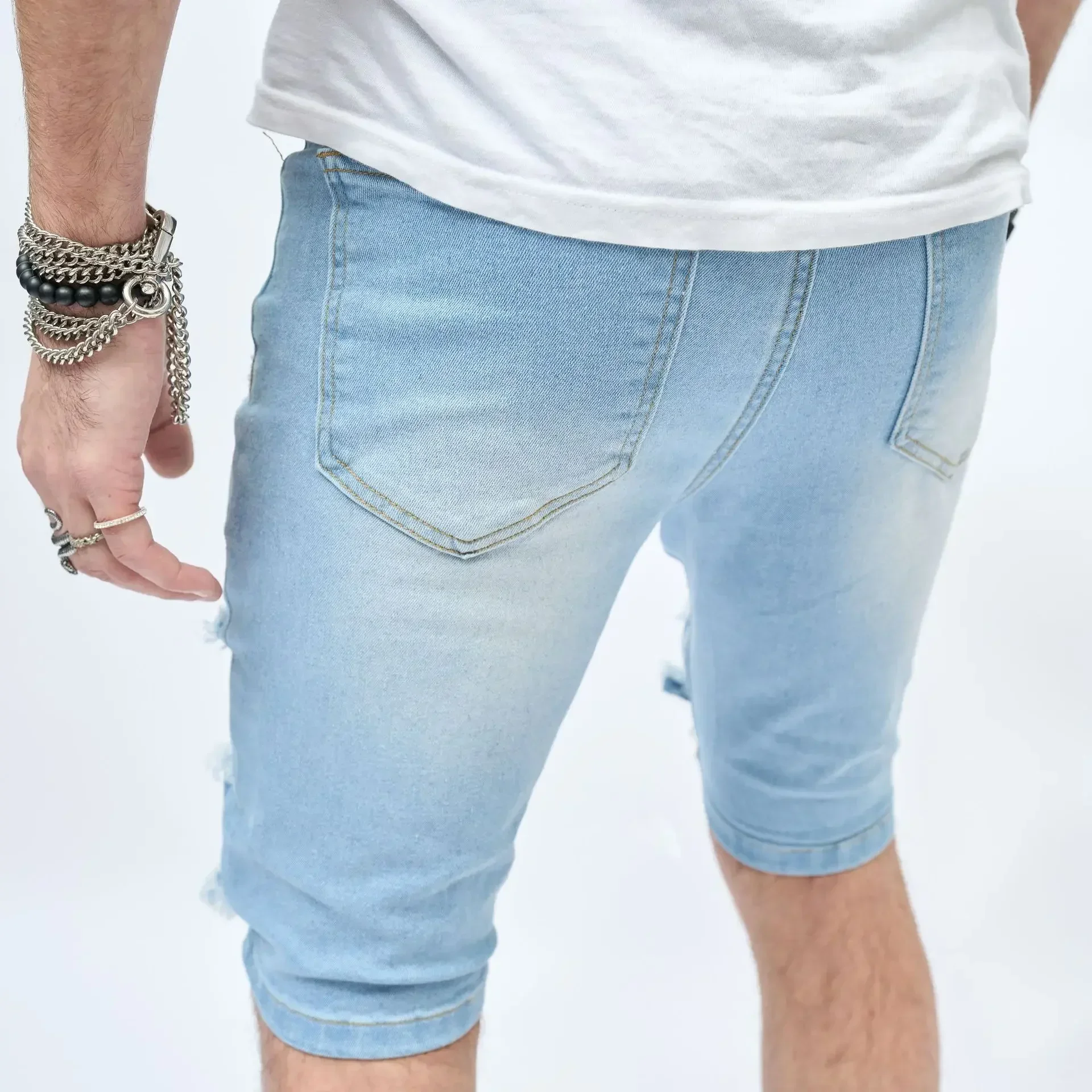 Men Summer Streetwear Slim fit Ripped Denim Shorts Stylish Holes Solid Casual Straight Jeans Male Five-point Pants